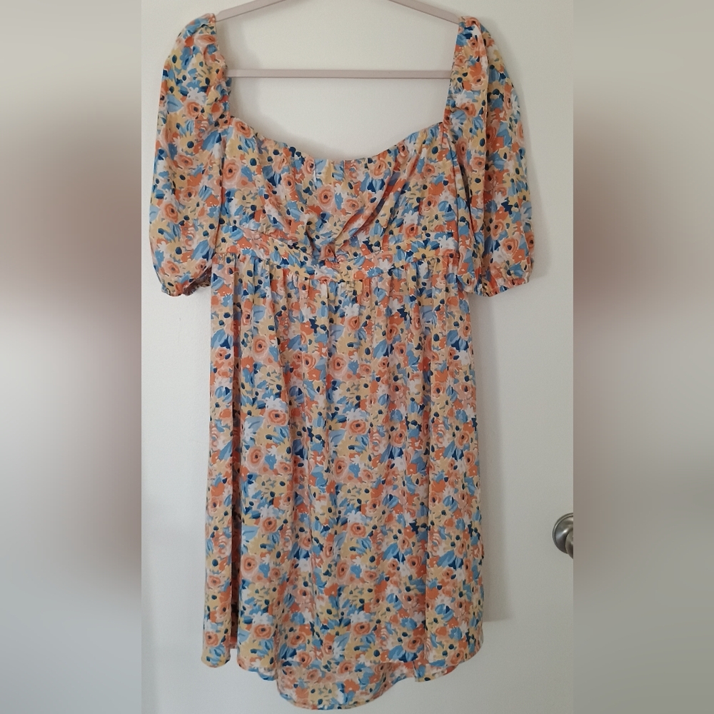 Multicolor Floral Pink Summer Vacation Garden Tea Party Puff Sleeve Dress